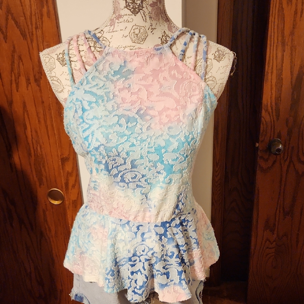 VENUS Pink and Blue Sleeveless Peplum Blouse